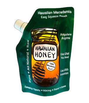 9oz Hawaiian macadamia blossom honey EZ pouch. Mac-nut honey, Hawaii. Macadamia nut honey - Rainbow Bees. 